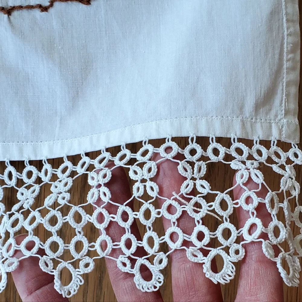 Vintage Handcrafted Needlepoint Flowers Table Runner, Crochet Edge, 37